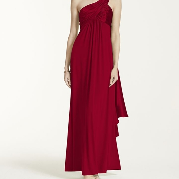 Formal David's Bridal Navy One Shoulder Long Jersey Dress With Cascade Back Sz 8 - Picture 9 of 11